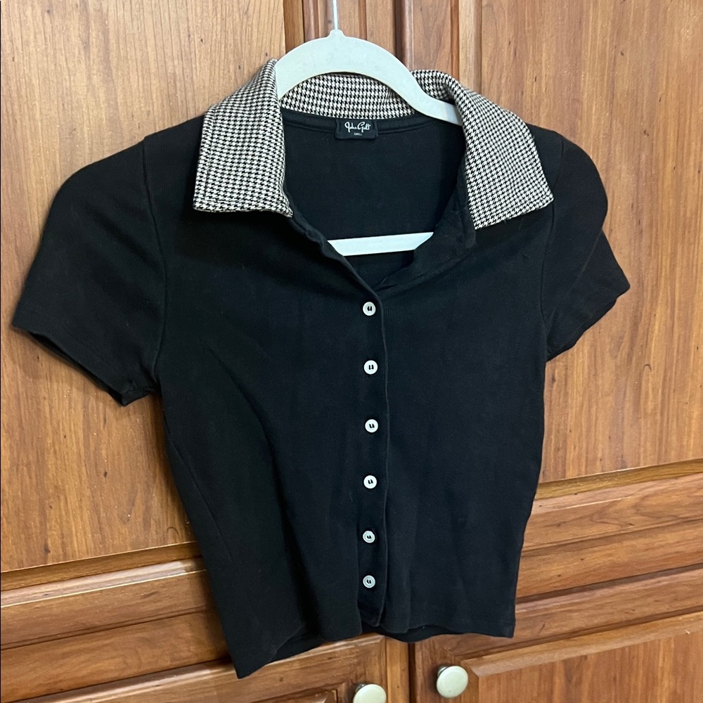 Brandy Melville Black Button-Down Shirt with Checkered Collar